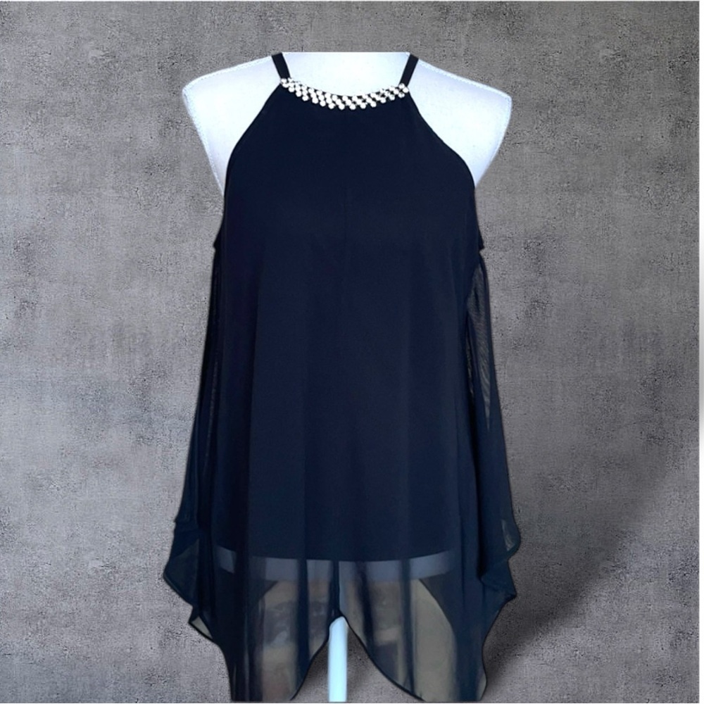 MSK Chiffon Overlay Rhinestone Neckline Halter Cami Top Asymmetric Hem Ethereal